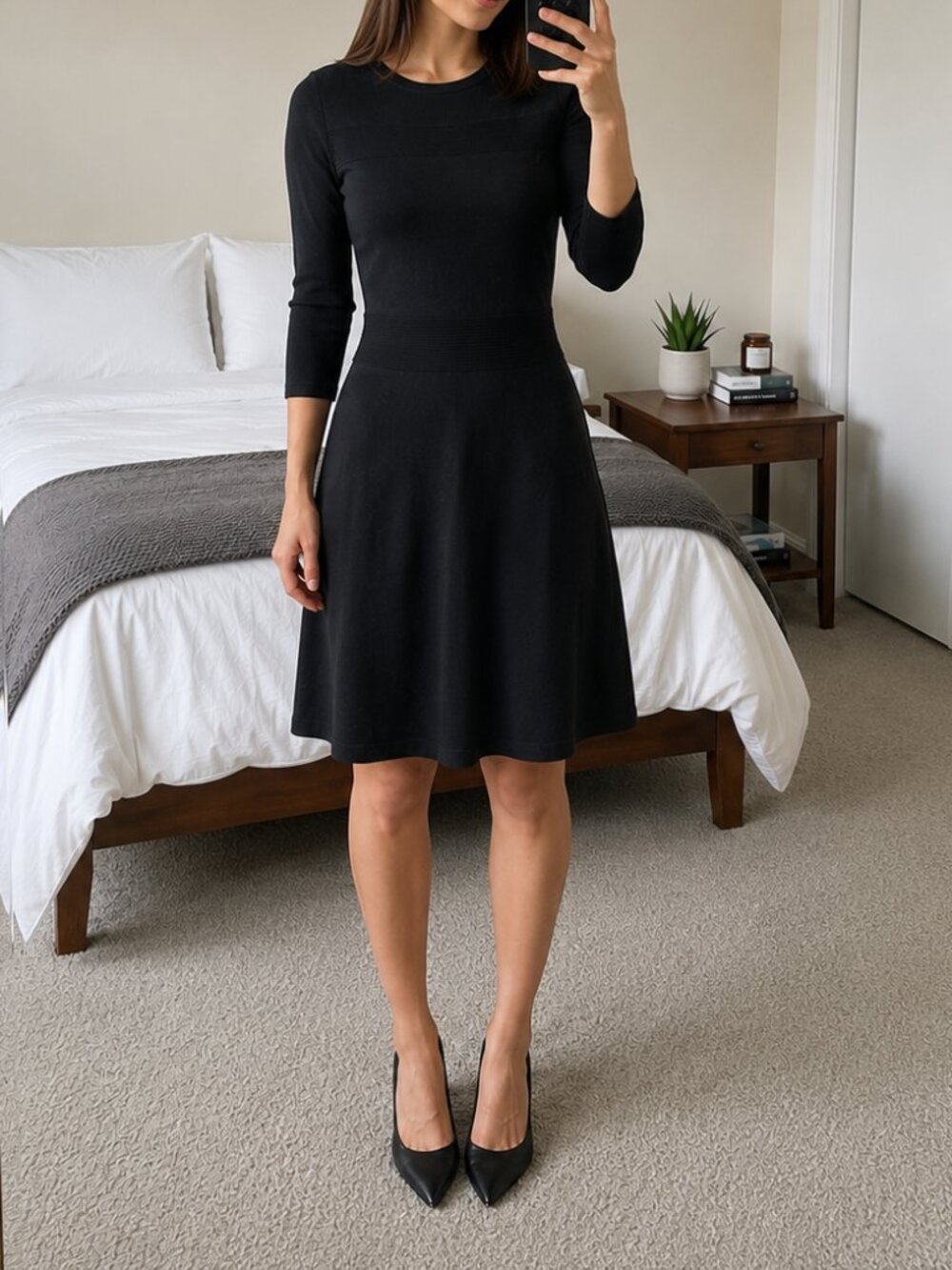 New York & Company Black Sweater Knit Fit & Flare Dress 3/4 Sleeve Size XS
